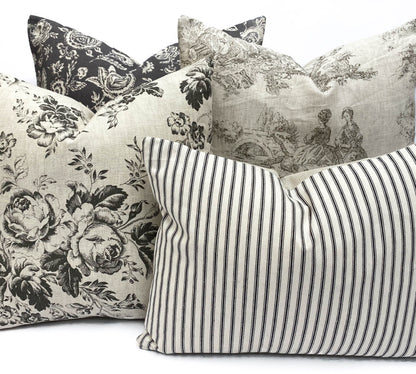 Cabbages and Roses Designer Linen Toile de Poulet Grey Sofa Cushion Pillow Cover