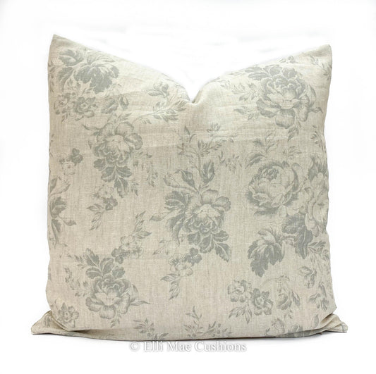 Cabbages and Roses Paris Rose Designer Fabric Blue Linen Cushion Pillow Cover