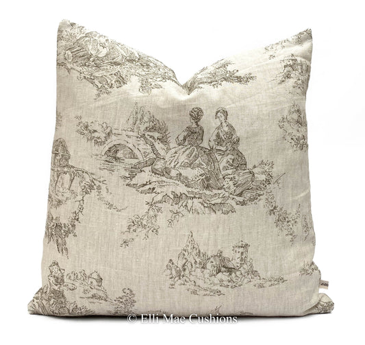 Cabbages and Roses Designer Linen Toile de Poulet Grey Sofa Cushion Pillow Cover