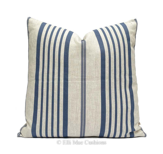 Cabbages and Roses Jolly Stripe Designer Linen Fabric Blue Cushion Pillow Cover