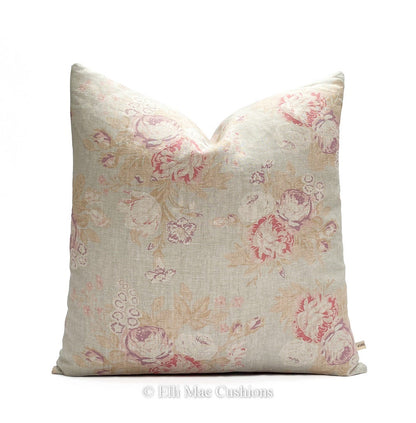 Cabbages and Roses Tulips and Roses Designer Grey Blue Pink Linen Cushion Cover