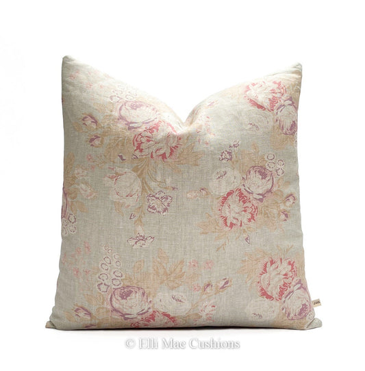 Cabbages and Roses Tulips and Roses Designer Grey Blue Pink Linen Cushion Cover