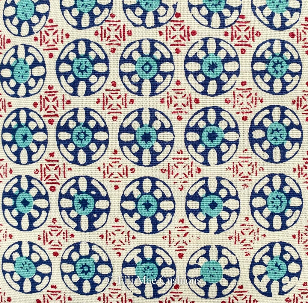 Luxury Designer Quadrille Kediri Batik Blue Red Fabric Cushion Pillow Throw Cover