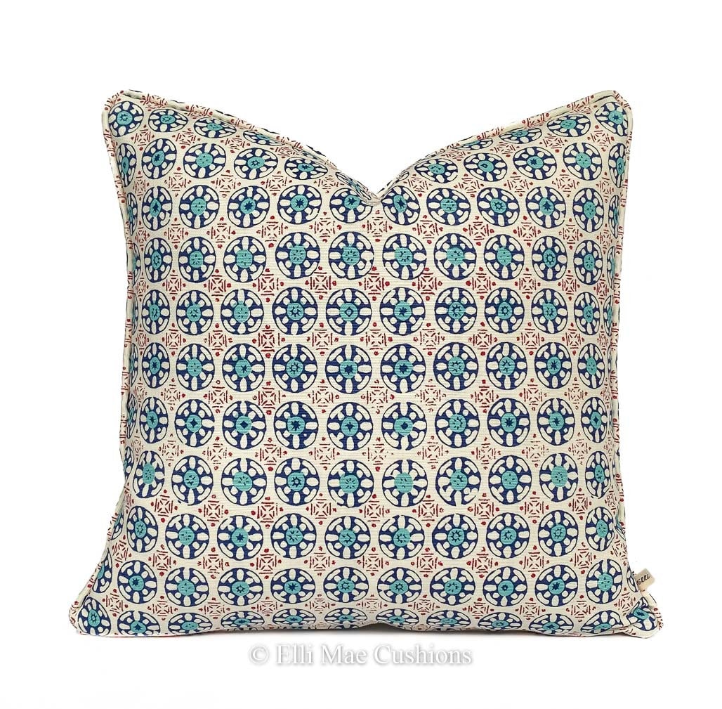 Luxury Designer Quadrille Kediri Batik Blue Red Fabric Cushion Pillow Throw Cover