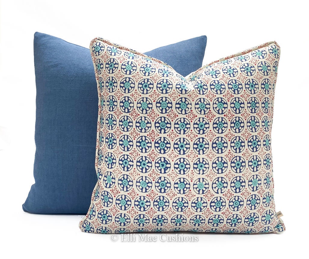 Luxury Designer Quadrille Kediri Batik Blue Red Fabric Cushion Pillow Throw Cover