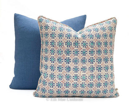 Luxury Designer Quadrille Kediri Batik Blue Red Fabric Cushion Pillow Throw Cover