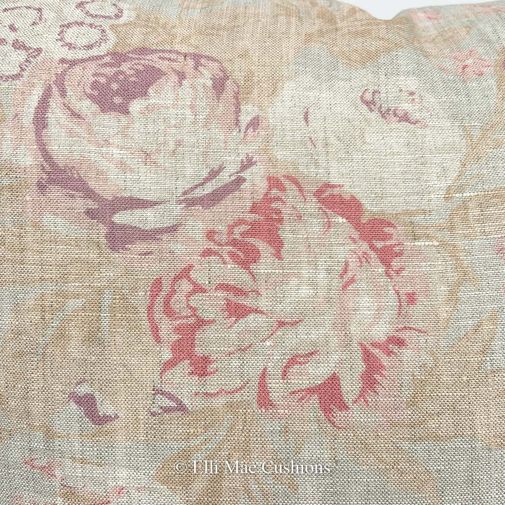 Cabbages and Roses Tulips and Roses Designer Grey Blue Pink Linen Cushion Cover