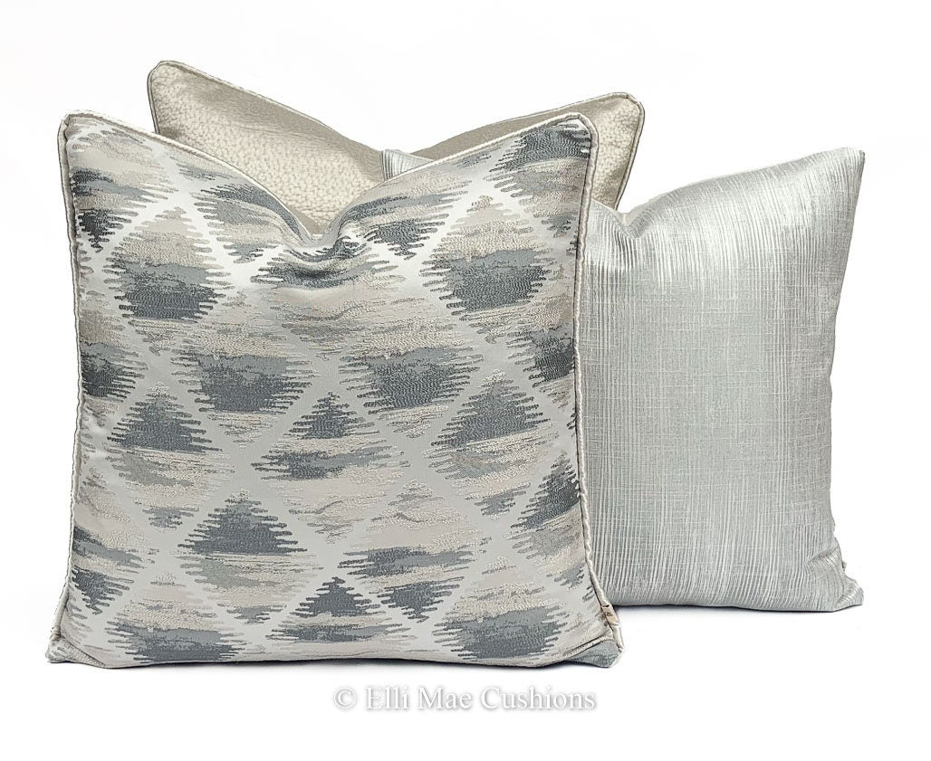 Luxury Designer Silver Grey Geometric Satin Embroidered Cushion Cover Pillow