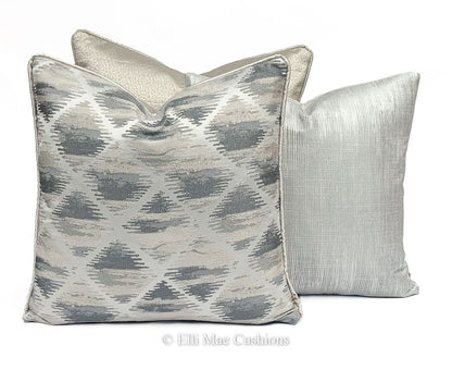 Luxury Designer Silver Grey Geometric Satin Embroidered Cushion Cover Pillow