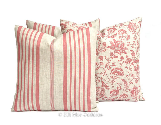 Cabbages and Roses Jolly Stripe Raspberry Designer Linen Fabric Cushion Pillow Cover