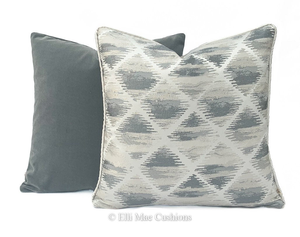 Luxury Designer Silver Grey Geometric Satin Embroidered Cushion Cover Pillow
