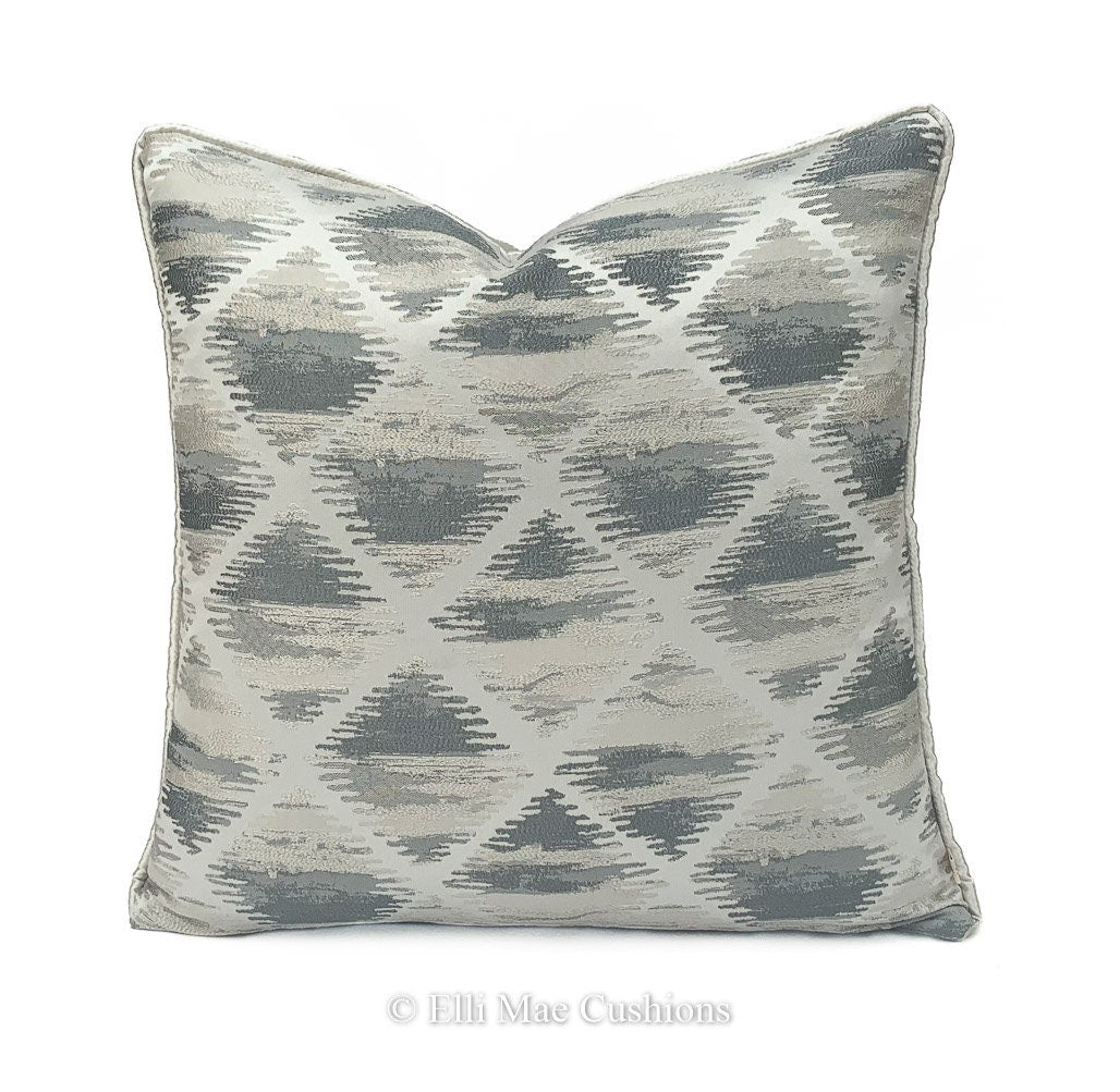 Luxury Designer Silver Grey Geometric Satin Embroidered Cushion Cover Pillow