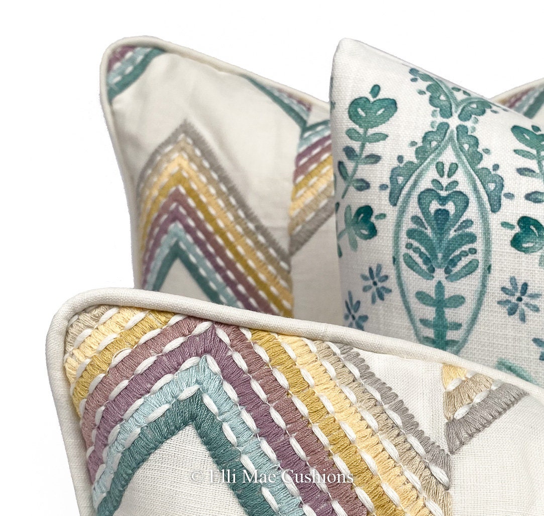Luxury Designer Chevron Zig Zag Embroidered Green Yellow Cushion Pillow Cover