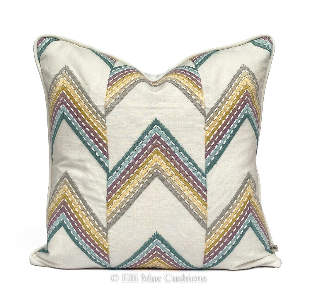 Luxury Designer Chevron Zig Zag Embroidered Green Yellow Cushion Pillow Cover