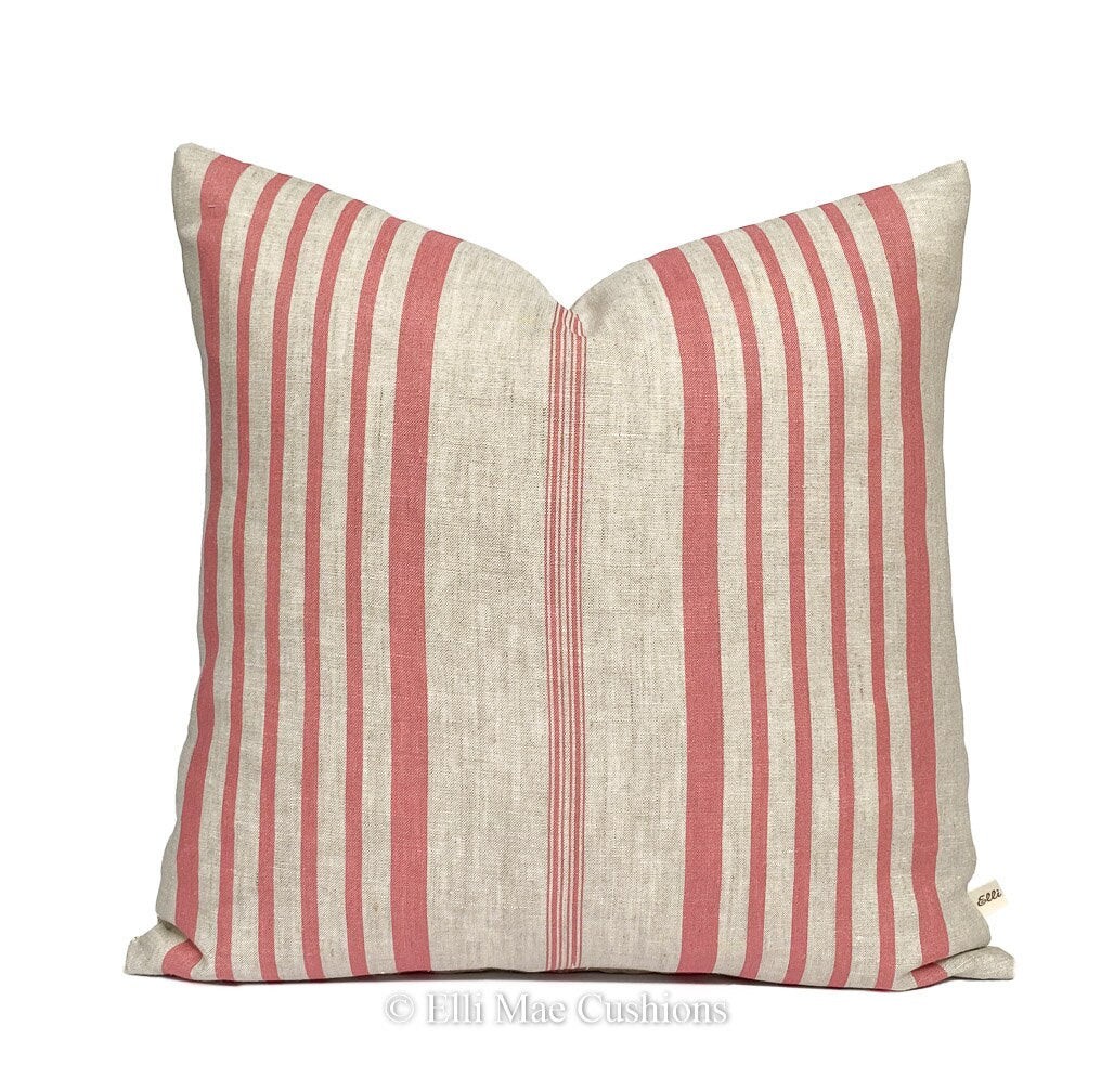 Cabbages and Roses Jolly Stripe Raspberry Designer Linen Fabric Cushion Pillow Cover