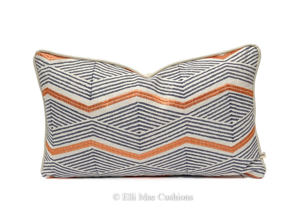 Jane Churchill Zhiri Embroidered Zig Zag Blue Orange Contemporary Cushion Cover