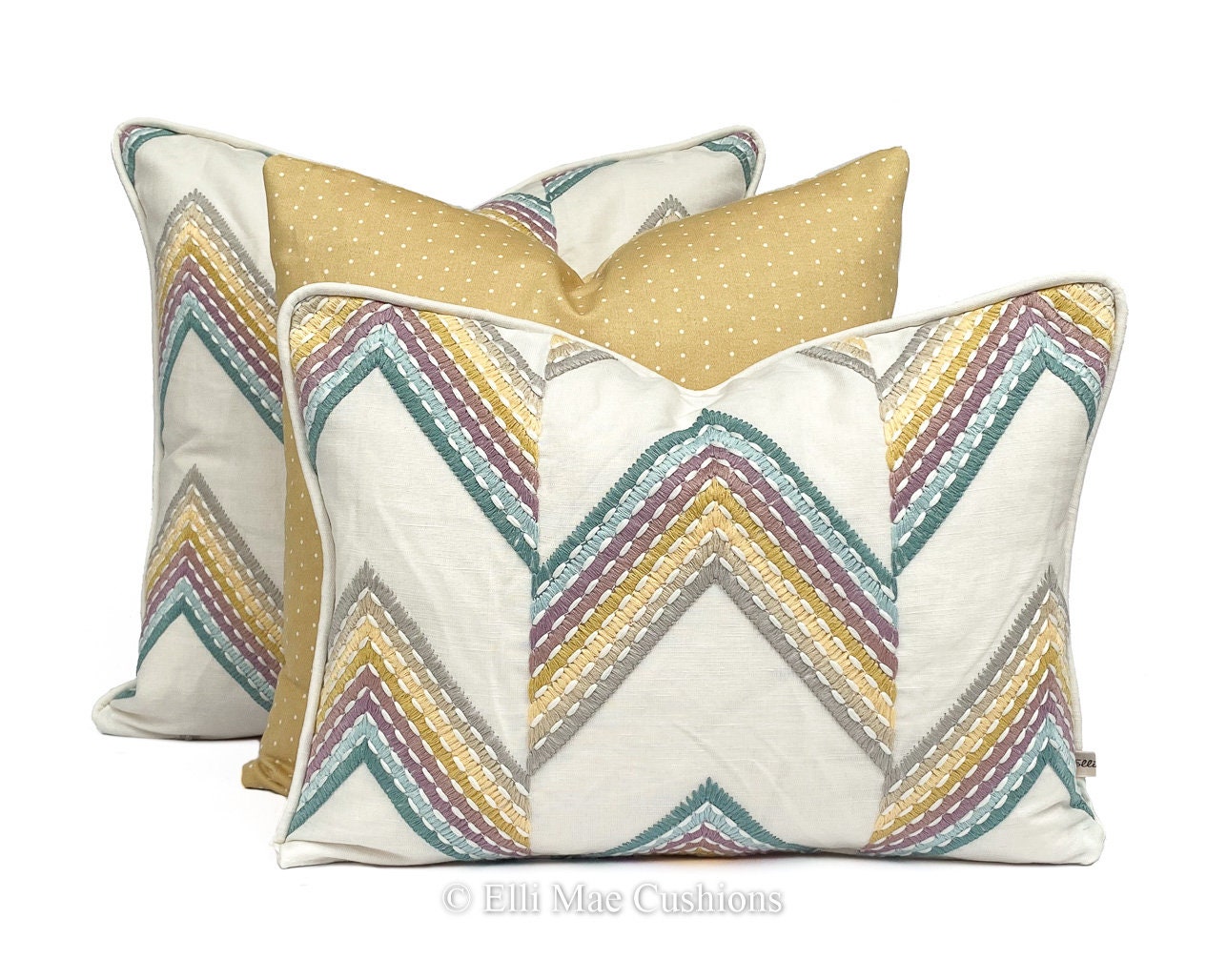 Luxury Designer Chevron Zig Zag Embroidered Green Yellow Cushion Pillow Cover
