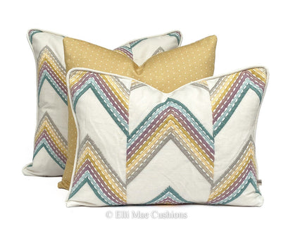 Luxury Designer Chevron Zig Zag Embroidered Green Yellow Cushion Pillow Cover
