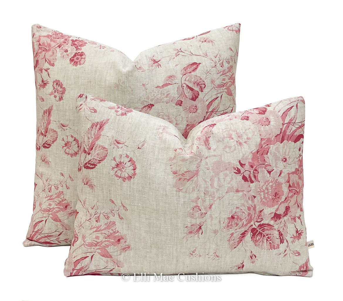 Cabbages and Roses Constance Natural Raspberry Red Linen Shabby Chic Cushion Sofa Throw Pillow Cover