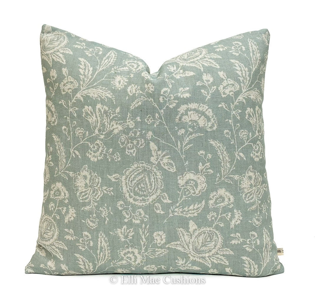 Cabbages and Roses French Toile Teal Vintage Linen Designer Sofa Throw Cushion Pillow Cover