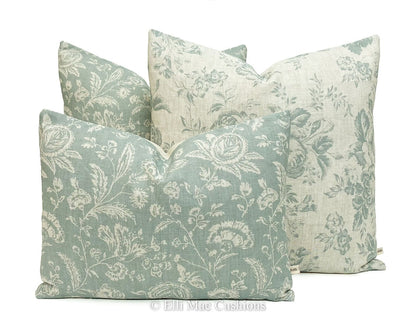 Cabbages and Roses French Toile Teal Vintage Linen Designer Sofa Throw Cushion Pillow Cover