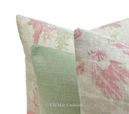 Cabbages and Roses Mary Vintage Designer Linen Fabric Pale Pink Sage Green Cushion Pillow Cover