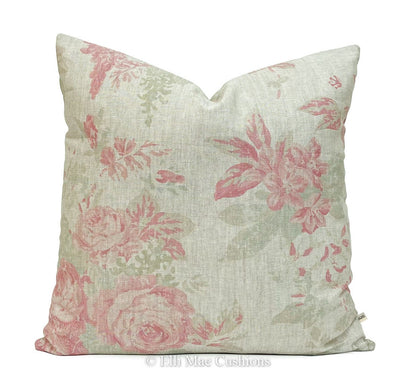 Cabbages and Roses Mary Vintage Designer Linen Fabric Pale Pink Sage Green Cushion Pillow Cover