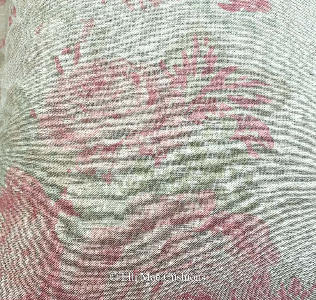 Cabbages and Roses Mary Vintage Designer Linen Fabric Pale Pink Sage Green Cushion Pillow Cover