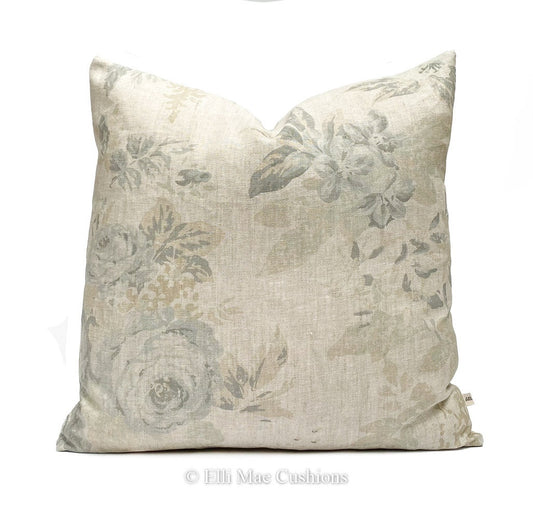 Cabbages and Roses Mary Vintage Designer Linen Fabric Pale Blue Sage Green Cushion Pillow Cover