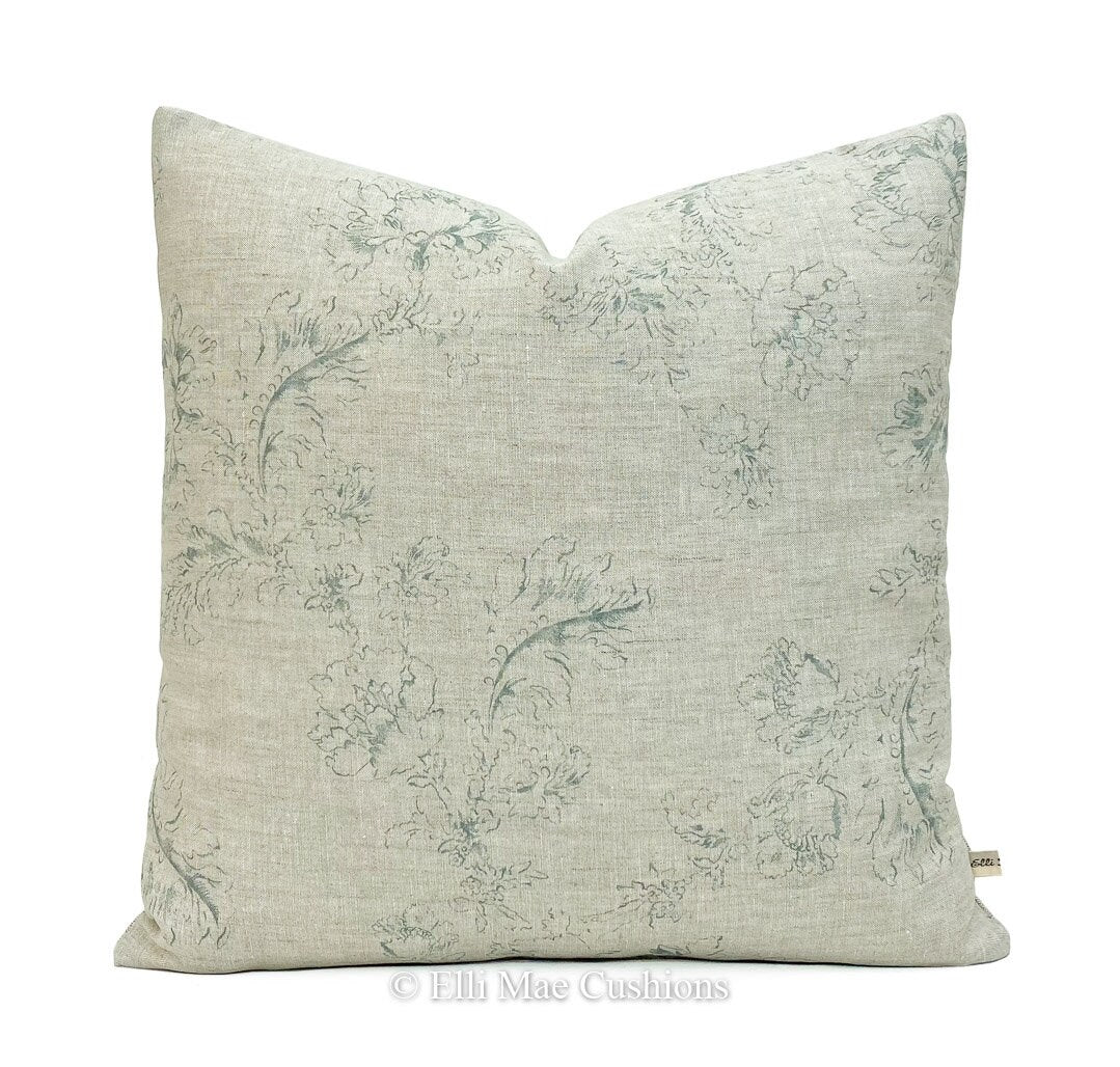 Cabbages and Roses Natural Meggernie Teal Designer Linen Cushion Pillow Cover