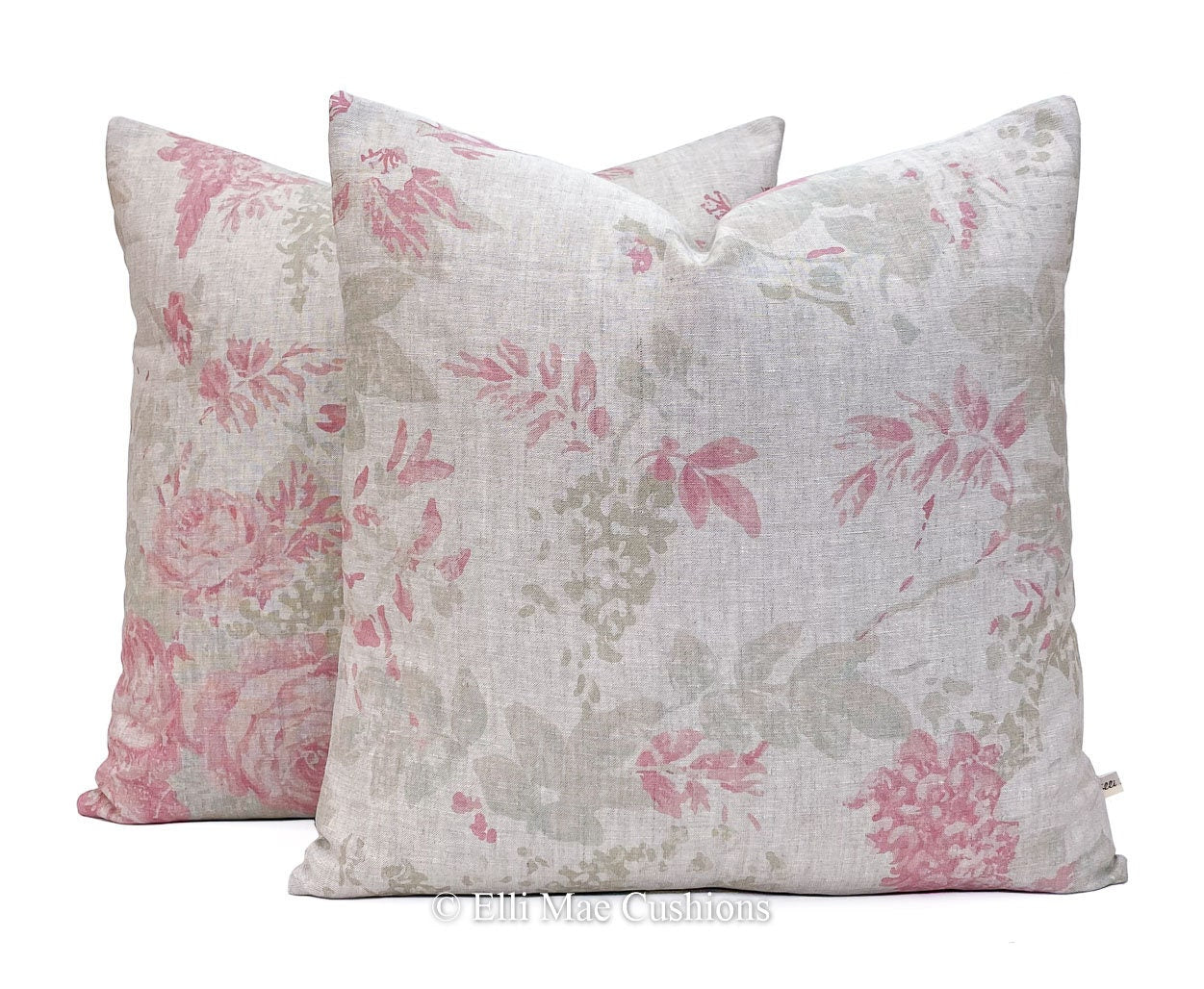 Cabbages and Roses Mary Vintage Designer Linen Fabric Pale Pink Sage Green Cushion Pillow Cover