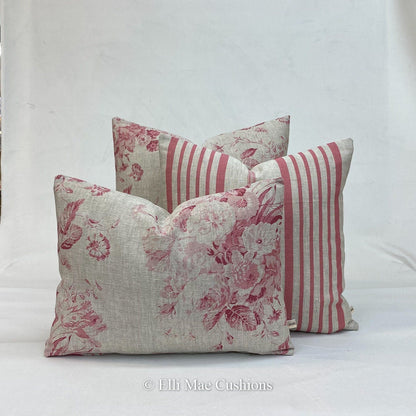 Cabbages and Roses Constance Natural Raspberry Red Linen Shabby Chic Cushion Sofa Throw Pillow Cover