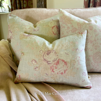 Cabbages and Roses Tulips and Roses Designer Grey Blue Pink Linen Cushion Cover