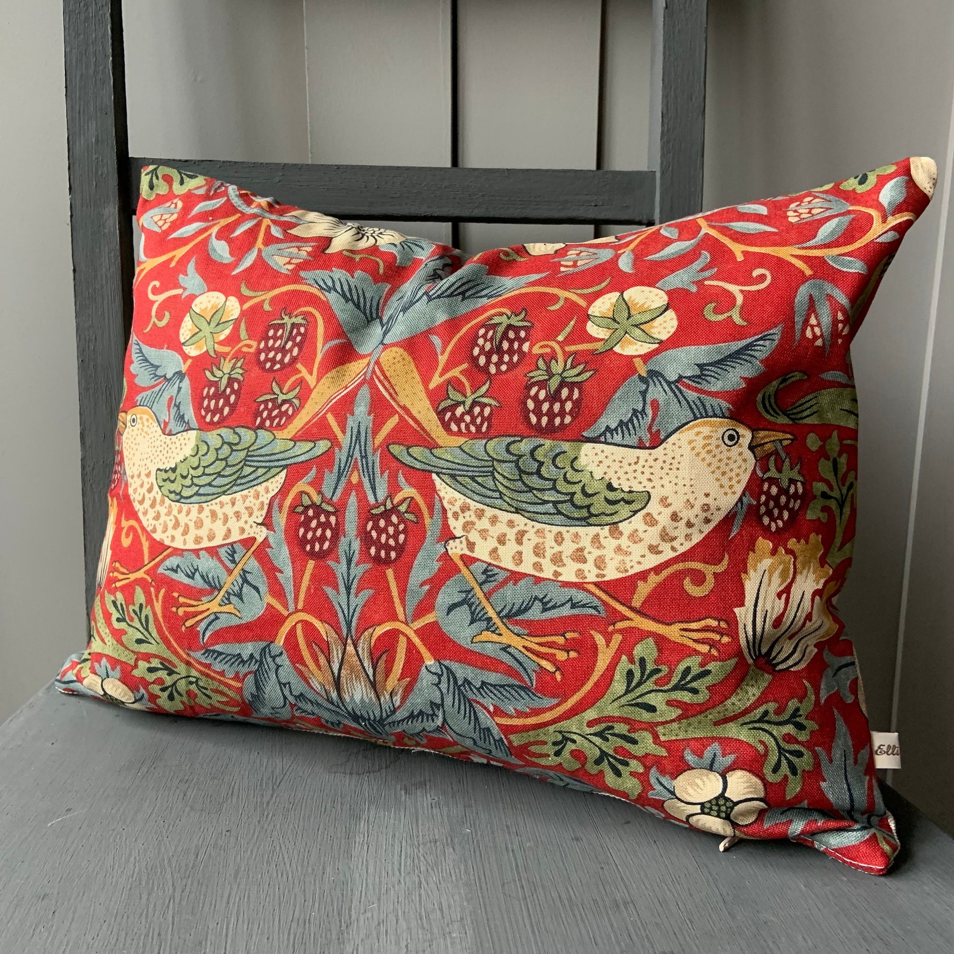William Morris Fabric Cushion Cover Strawberry Thief Crimson Red Slate Vintage Designer Sofa Throw Pillow