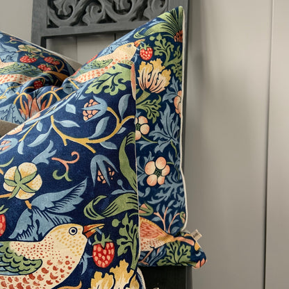 William Morris Fabric Cushion Cover "Strawberry Thief" Dark Blue Designer Sofa Throw Pillow