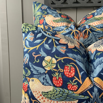 William Morris Fabric Cushion Cover "Strawberry Thief" Dark Blue Designer Sofa Throw Pillow