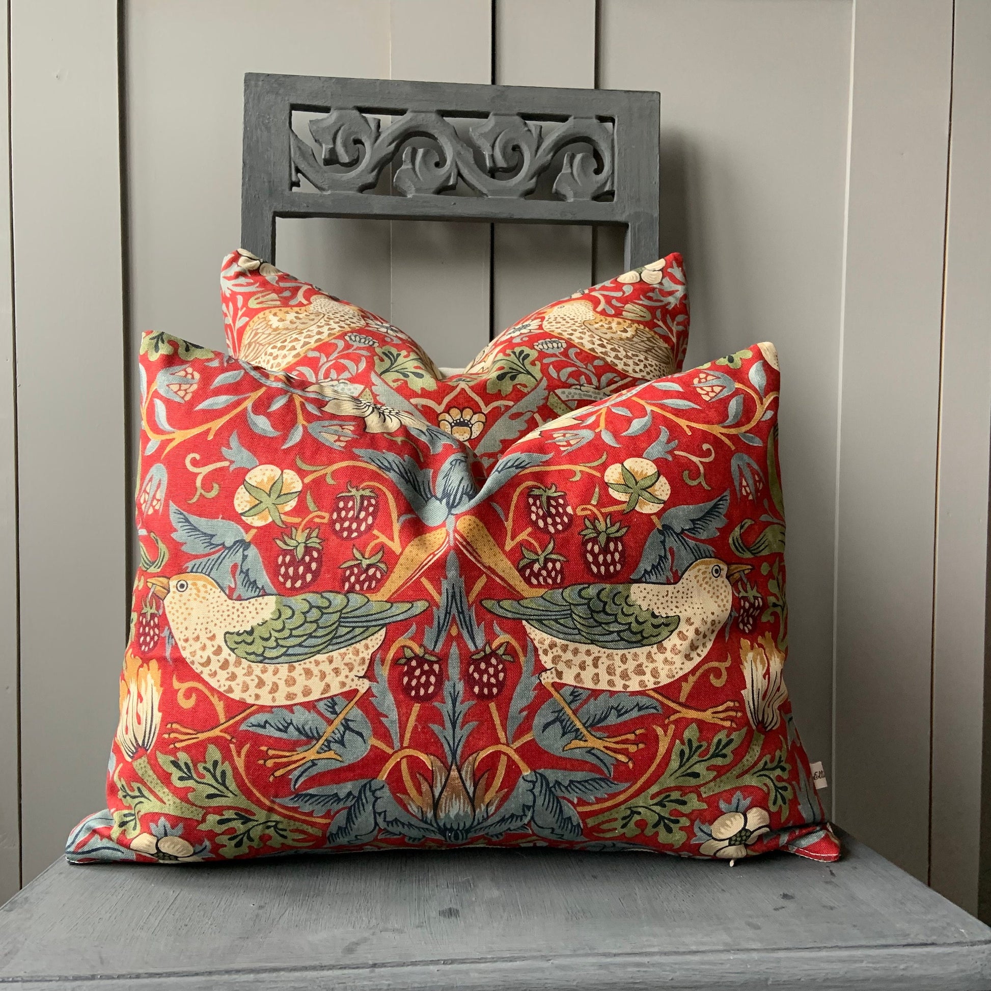 William Morris Fabric Cushion Cover Strawberry Thief Crimson Red Slate Vintage Designer Sofa Throw Pillow 16x12