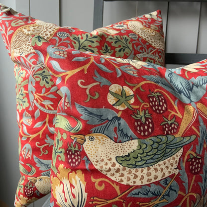 William Morris Fabric Cushion Cover Strawberry Thief Crimson Red Slate Vintage Designer Sofa Throw Pillow