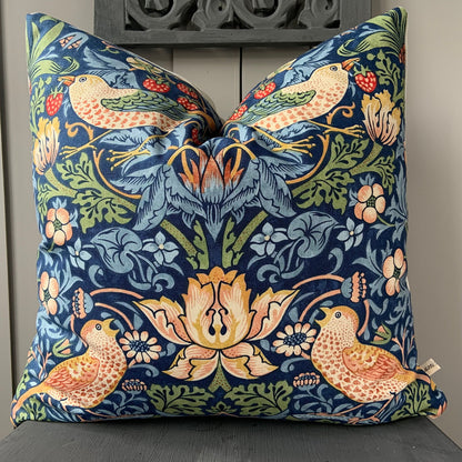 William Morris Fabric Cushion Cover "Strawberry Thief" Dark Blue Designer Sofa Throw Pillow