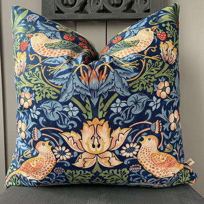 William Morris Fabric Cushion Cover "Strawberry Thief" Dark Blue Designer Sofa Throw Pillow