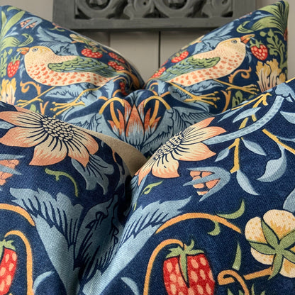 William Morris Fabric Cushion Cover "Strawberry Thief" Dark Blue Designer Sofa Throw Pillow