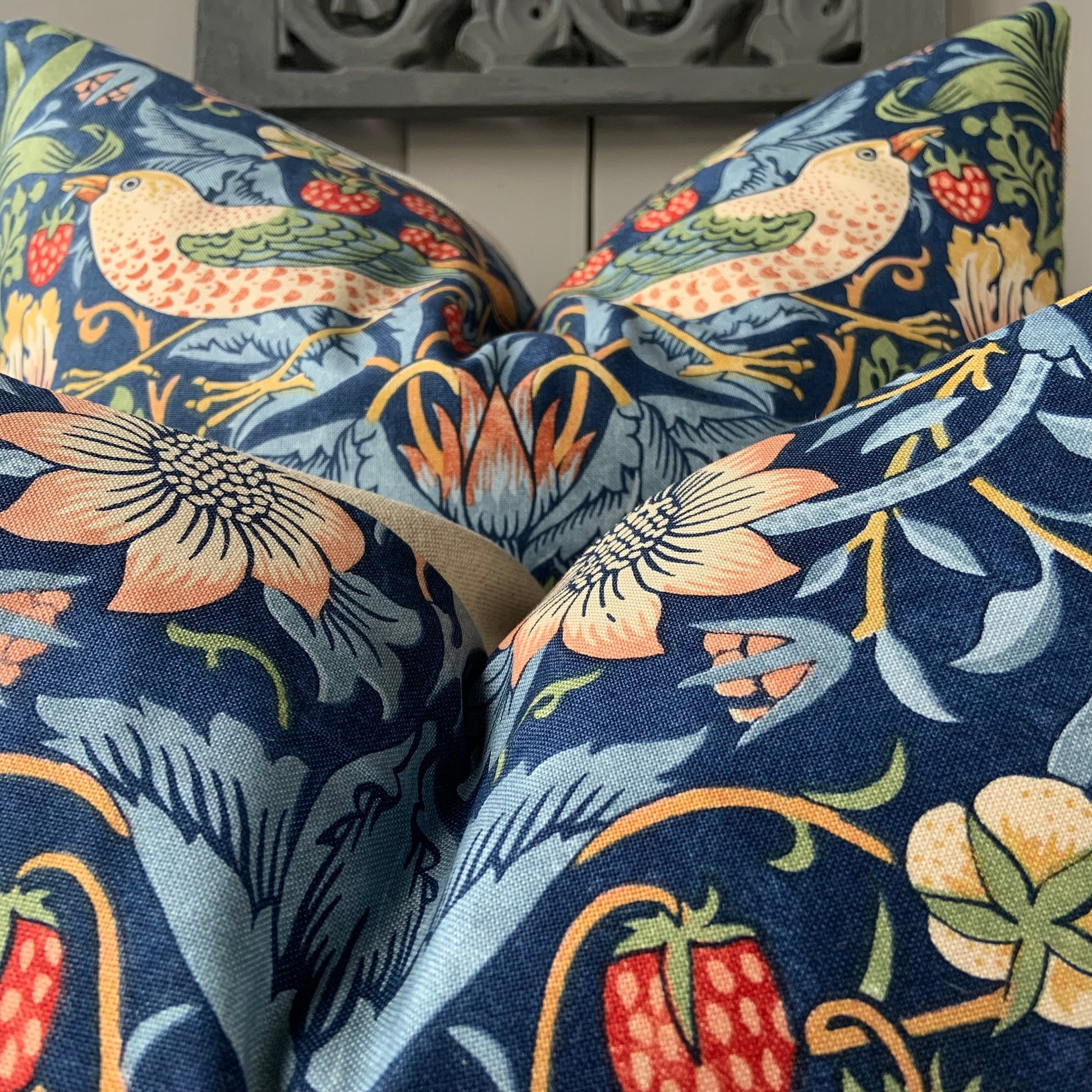 William Morris Fabric Cushion Cover "Strawberry Thief" Dark Blue Designer Sofa Throw Pillow