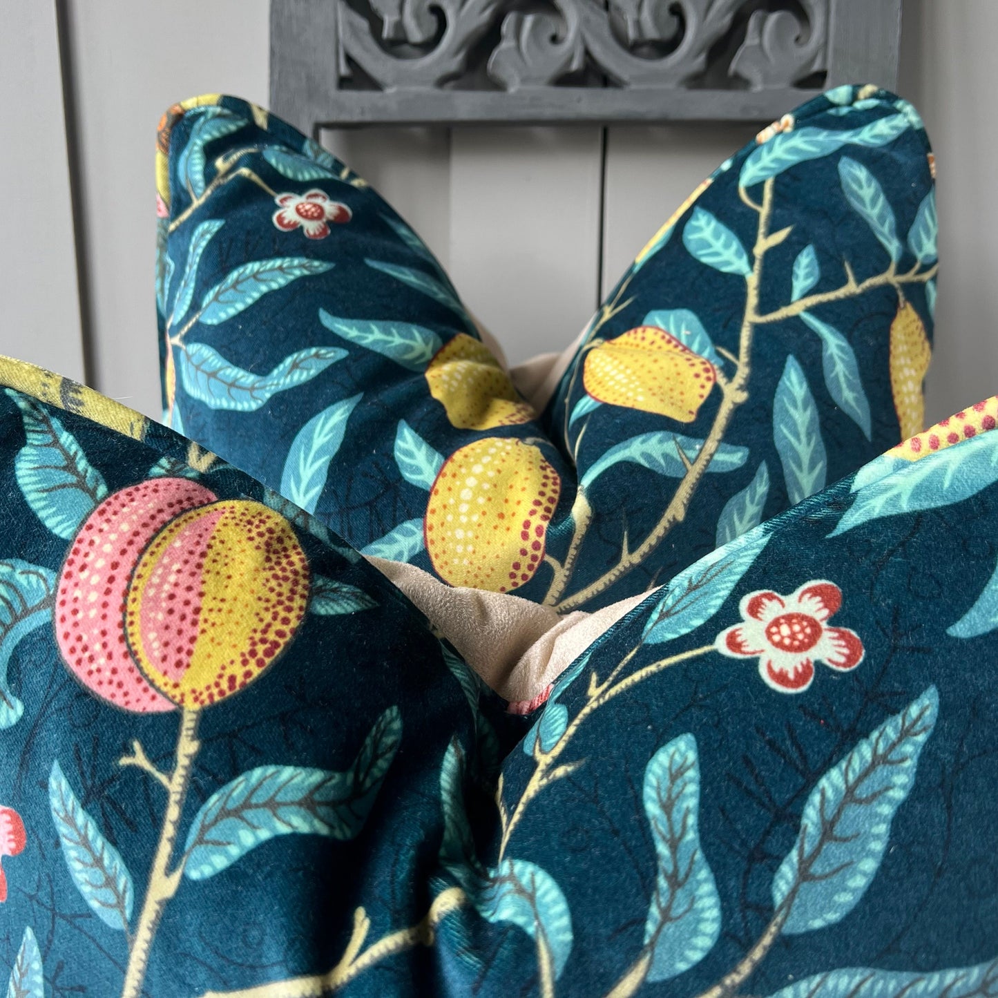 William Morris Luxury Designer Fruit Blue Yellow Velvet Vintage Cushion Pillow Throw Cover