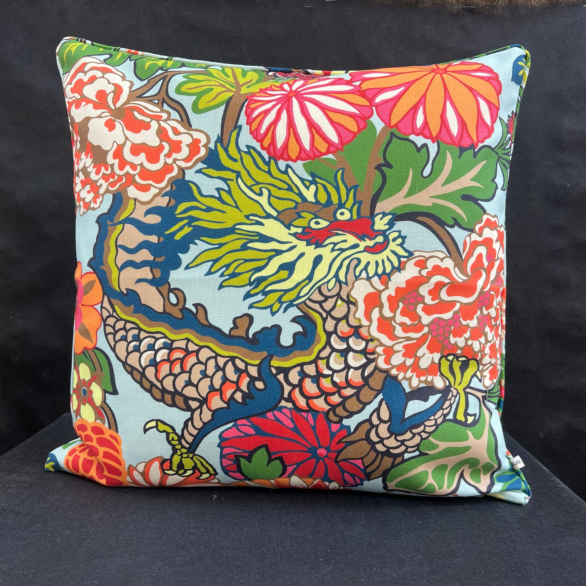 Schumacher Chiang Mai Dragon Indoor/Outdoor Double Sided Aqua Cushion Sofa Throw Pillow Cover