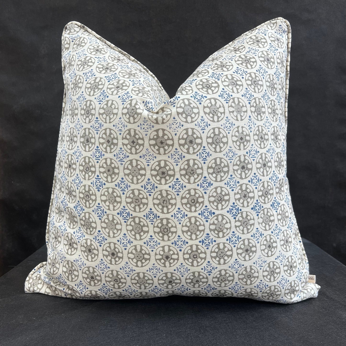 Luxury Designer Quadrille Geometric Kediri Batik Grey Blue Fabric Cushion Pillow Throw Cover