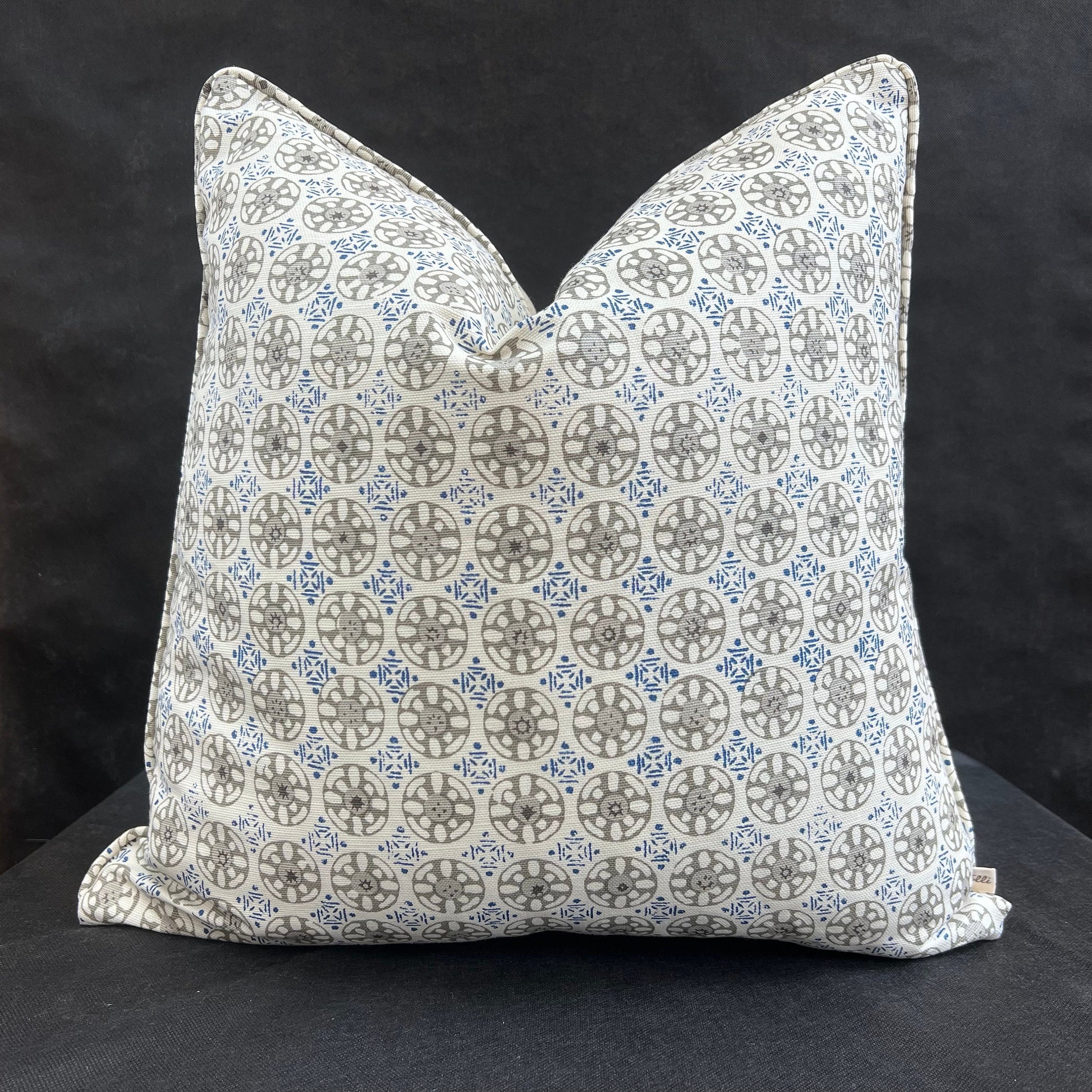Luxury Designer Quadrille Geometric Kediri Batik Grey Blue Fabric Cushion Pillow Throw Cover