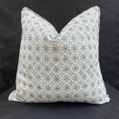 Luxury Designer Quadrille Geometric Kediri Batik Grey Blue Fabric Cushion Pillow Throw Cover