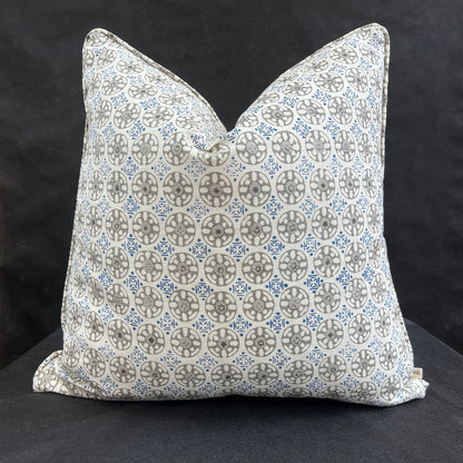 Luxury Designer Quadrille Geometric Kediri Batik Grey Blue Fabric Cushion Pillow Throw Cover
