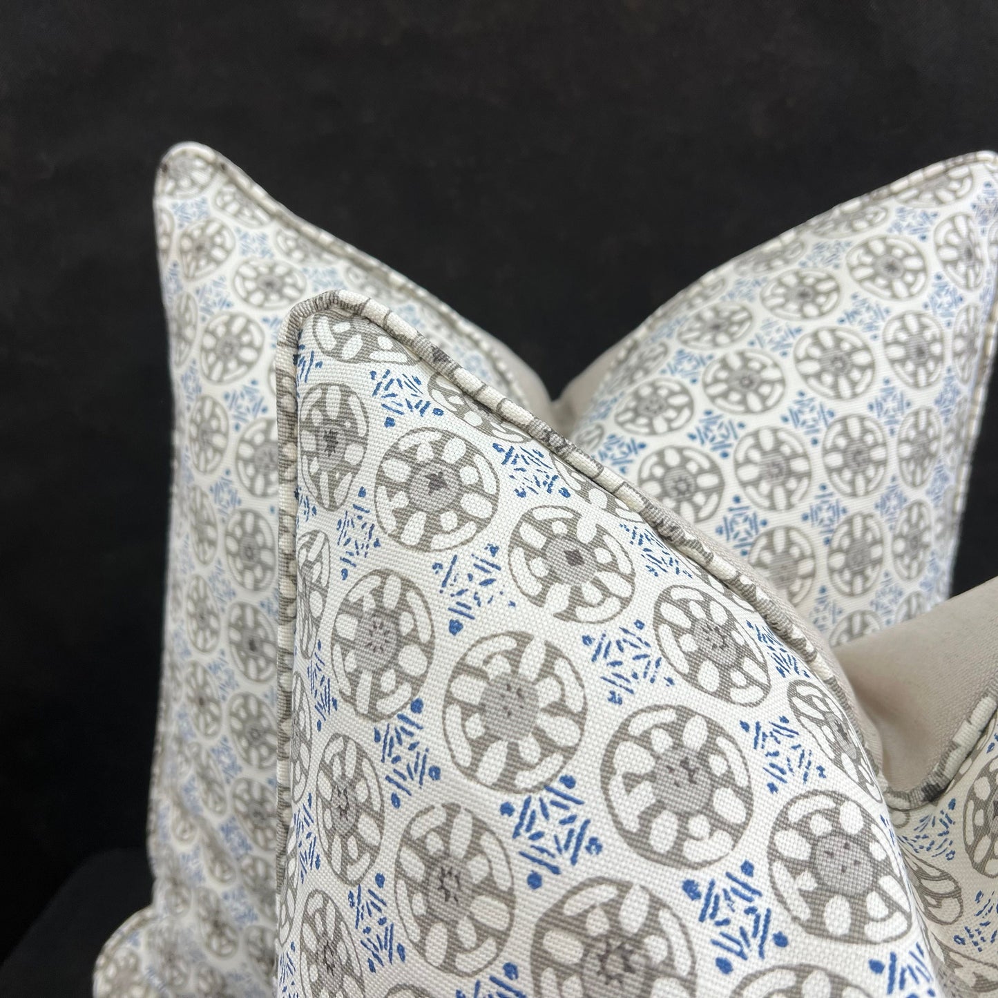 Luxury Designer Quadrille Geometric Kediri Batik Grey Blue Fabric Cushion Pillow Throw Cover