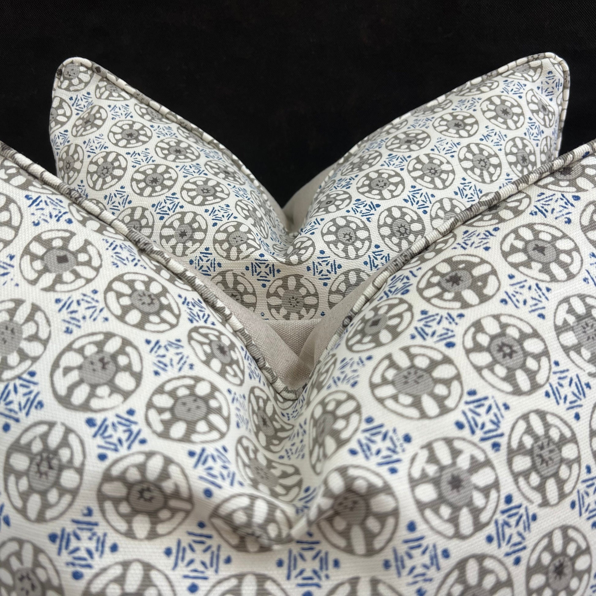 Luxury Designer Quadrille Geometric Kediri Batik Grey Blue Fabric Cushion Pillow Throw Cover